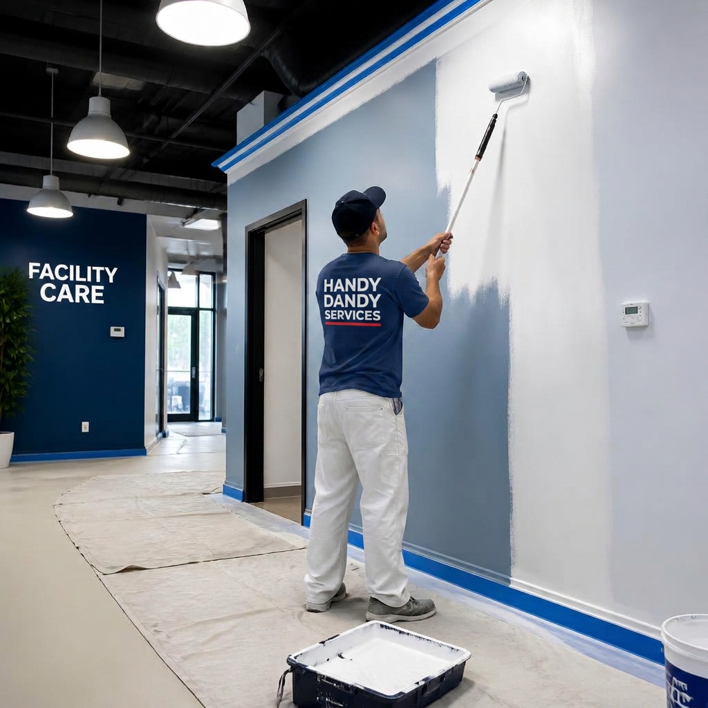 Professional interior paint job in progress with floors protected and surfaces properly prepped